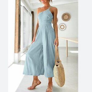 NEW Anrabess One Shoulder Wide Leg Cropped Jumpsuit Blue M summer